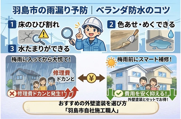   羽島市での雨漏り予防。ベランダ床のひび割れや水たまりをチェックする地元塗装職人のイラスト。梅雨前の防水工事で費用を安く抑えるコツの解説図。    