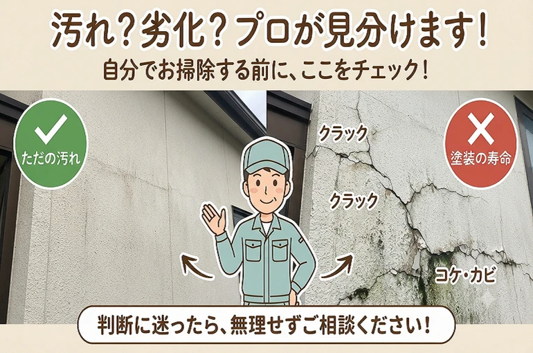   汚れ？劣化？プロが見極めます！と書かれた看板も横に職人のイラスト。左側には「ただの汚れ」、右側には「塗装の寿命」を示すひび割れやコケがある壁の比較画像。相談を促すメッセージ入り    