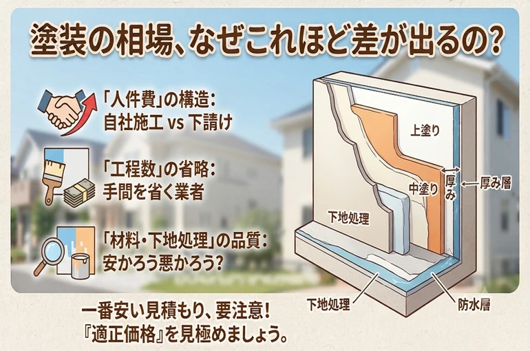   塗装の相場は、なぜこれほど差が出るの？というタイトルの解説画像。左側には「人件費の構造（自社施工vs.下請け）」「工程数の省略（手間を省く業者）」「材料・下地処理の品質」の３つのポイントをアイコンで解説。右側には、下塗り・中塗り・上塗りがしっかり施された高品質な塗膜の断面図を掲載。下部には「いつ版安い見積り、要注意！適正価格を見極めましょう」というメッセージ入り。    