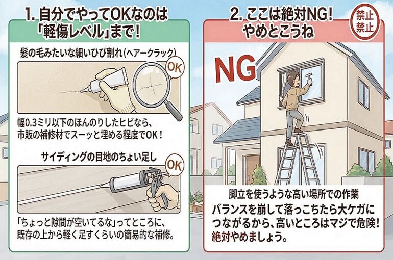   綺麗な家に生じた小さなヘアークラック（幅0.3㎜以下のひび割れ）にコーキング材を充鎮し、「これくらいのひび割れなら治せますよ」「ok範囲」と案内している画像    