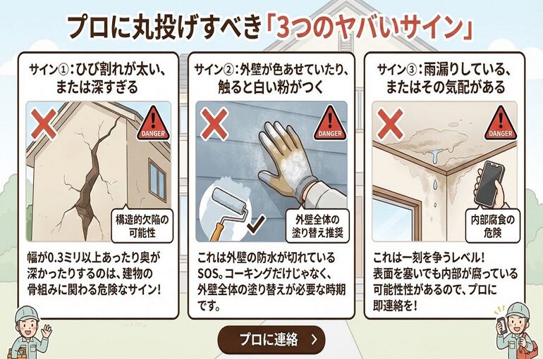   外壁DIYでプロに頼むべき境界線の警告イラスト。深刻で険しい顔で外壁に生じた太くて深い構造クラック（ひび割れ）や雨漏りの後を指さし「この状態はやばい！絶対に自分で直さないで」「stop」と警告している様子。    