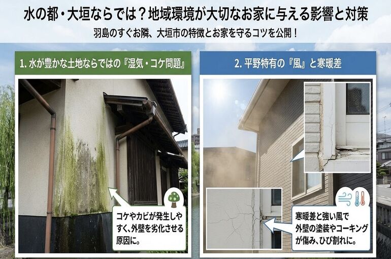   お家のsosを見逃さないで！と警告しているイラスト。大垣市の象徴、きれいな水の流れる風景と湿気で苔が生えたり風の影響を受けたりしている住宅の間に立ち、「地域密着」のアイコンを掲げながら建物の劣化サインを指さしている。    